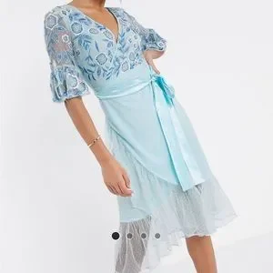 ASOS | Dresses | Asos Frock And Frill Embroidered Blue Wrap Midi Dress Us 4 